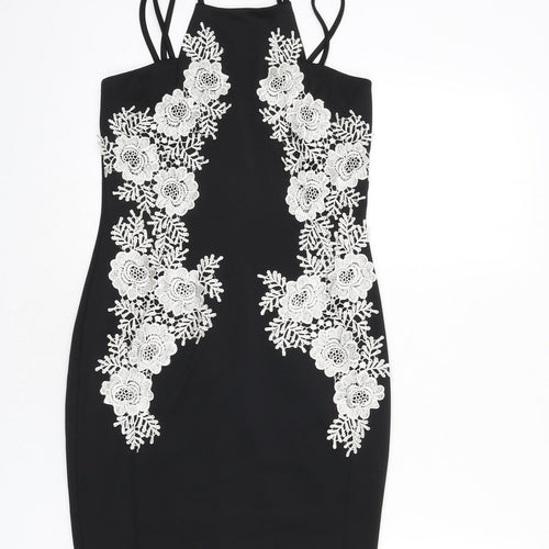 AX Paris Womens Black Polyester Bodycon Size 10 Round Neck Zip - Floral Embroidery