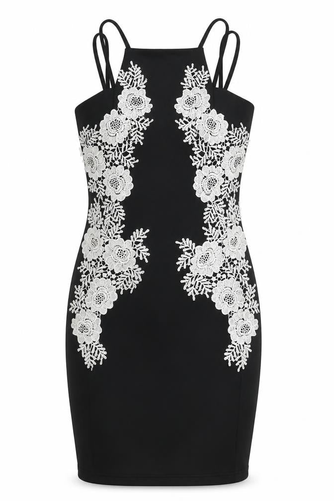 AX Paris Womens Black Polyester Bodycon Size 10 Round Neck Zip - Floral Embroidery