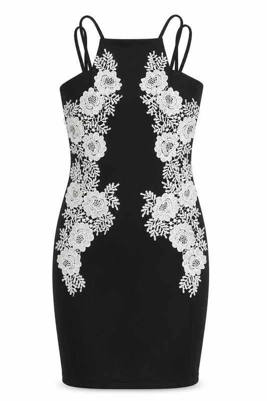 Front view of AX Paris women’s black polyester bodycon, size UK 10, round neck zip - floral embroidery