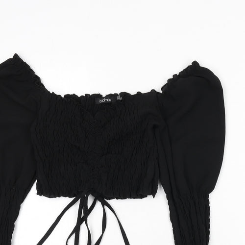 Boohoo Womens Black Polyester Cropped Blouse Size 12 Off the Shoulder - Shirred, Tie