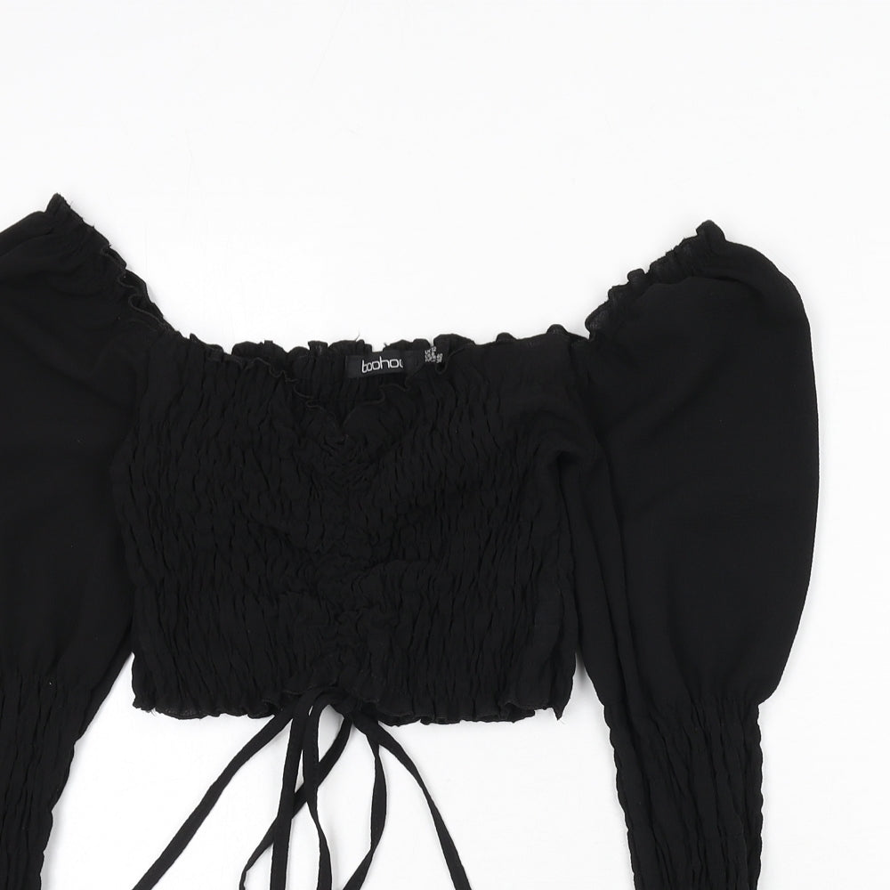 Boohoo Womens Black Polyester Cropped Blouse Size 12 Off the Shoulder - Shirred, Tie