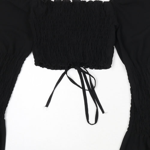 Boohoo Womens Black Polyester Cropped Blouse Size 12 Off the Shoulder - Shirred, Tie