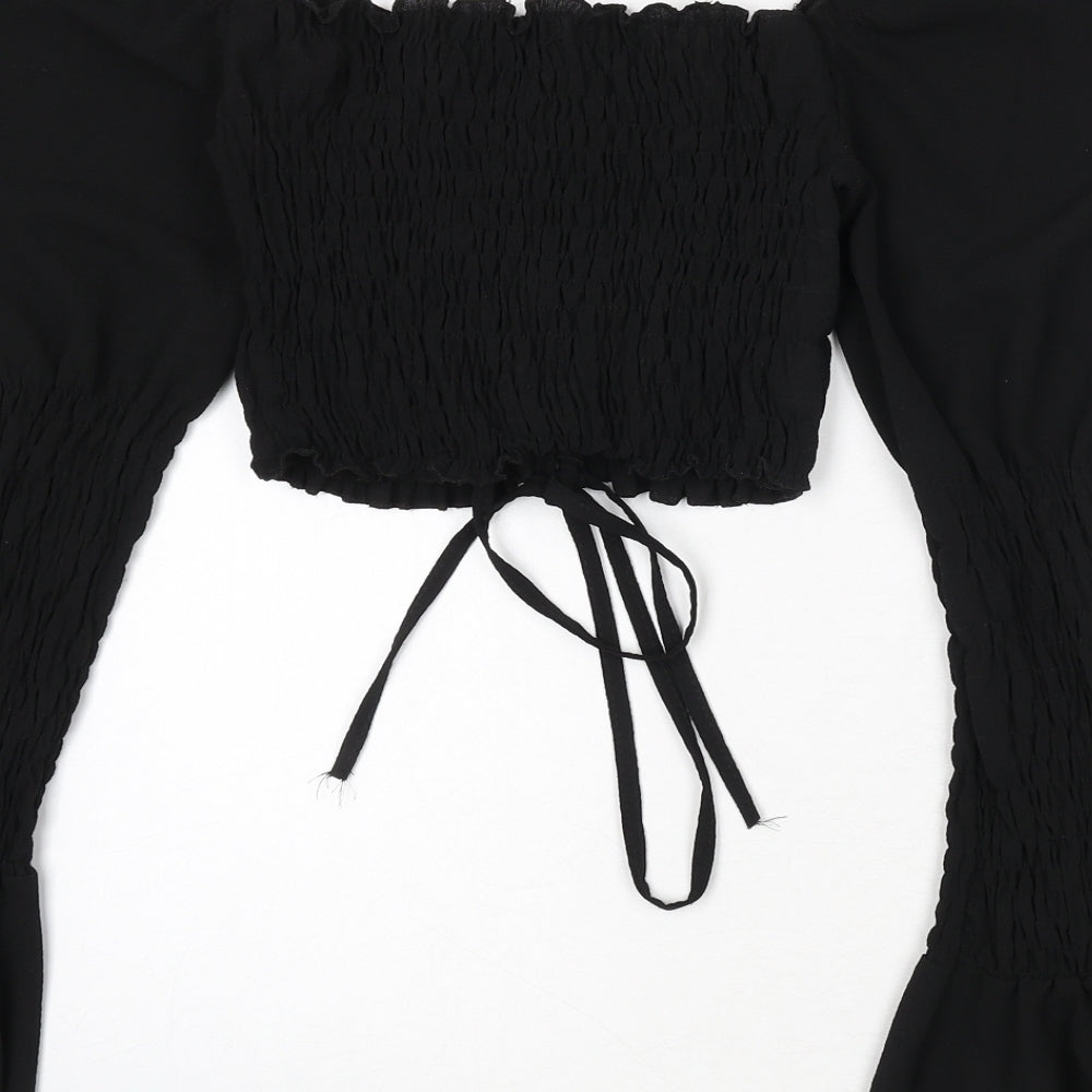 Boohoo Womens Black Polyester Cropped Blouse Size 12 Off the Shoulder - Shirred, Tie