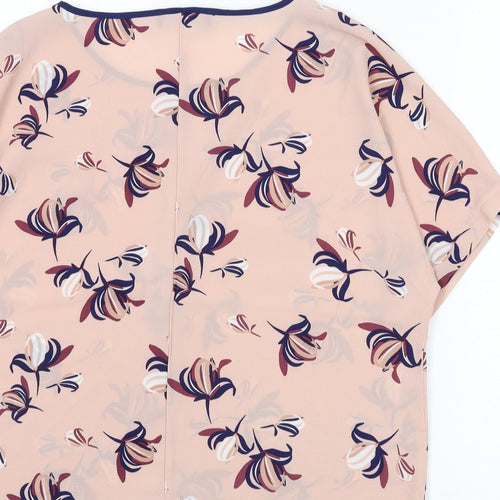 Marks and Spencer Womens Pink Floral Polyester Basic Blouse Size 14 Round Neck