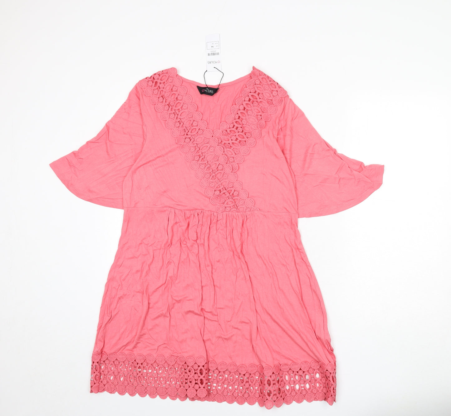 Yours Womens Pink Viscose A-Line Size 14 V-Neck Pullover - Lace Trim