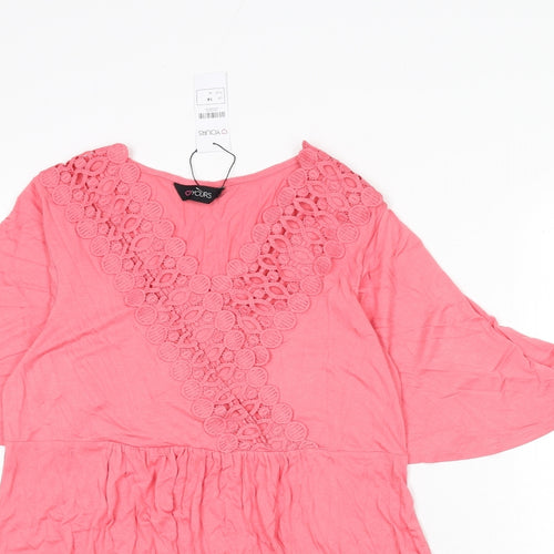 Yours Womens Pink Viscose A-Line Size 14 V-Neck Pullover - Lace Trim