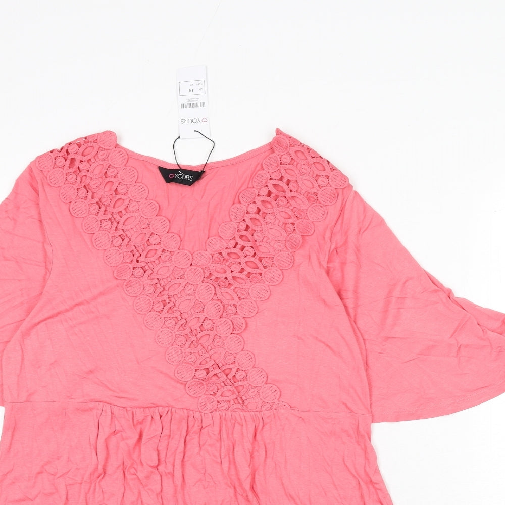 Yours Womens Pink Viscose A-Line Size 14 V-Neck Pullover - Lace Trim