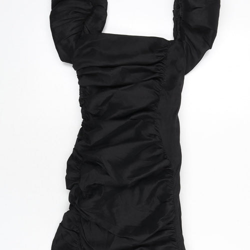 Oh Polly Womens Black Polyester Bodycon Size 6 Square Neck Zip - Mini, Ruched, Puffy