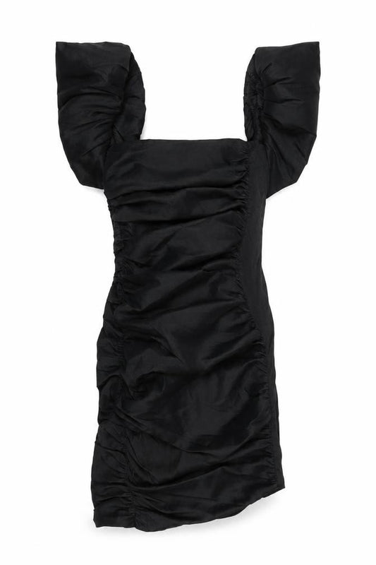 Front view of Oh Polly women’s black polyester bodycon, size UK 6, square neck zip - mini, ruched, puffy