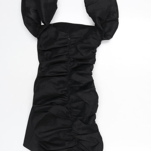 Oh Polly Womens Black Polyester Bodycon Size 6 Square Neck Zip - Mini, Ruched, Puffy