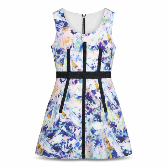 Front view of Max C women’s multicoloured geometric polyester fit & flare, size UK 12, round neck zip
