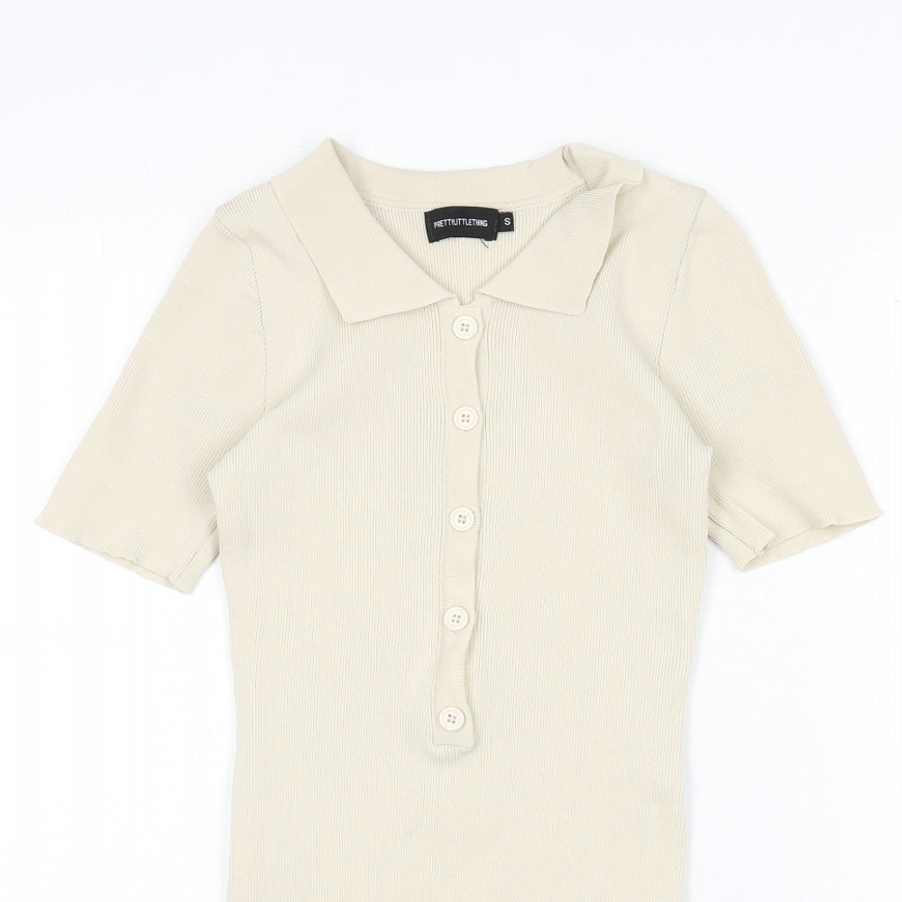 PRETTYLITTLETHING Womens Beige Polyester Romper One-Piece Size S L3 in Button - Ribbed