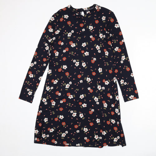Marks and Spencer Womens Blue Floral Viscose A-Line Size 10 Round Neck Button