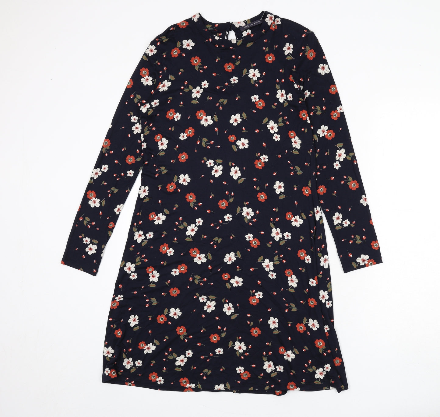 Marks and Spencer Womens Blue Floral Viscose A-Line Size 10 Round Neck Button