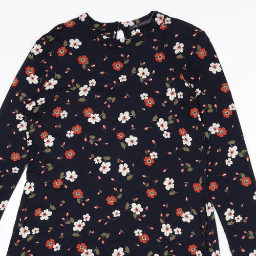 Marks and Spencer Womens Blue Floral Viscose A-Line Size 10 Round Neck Button