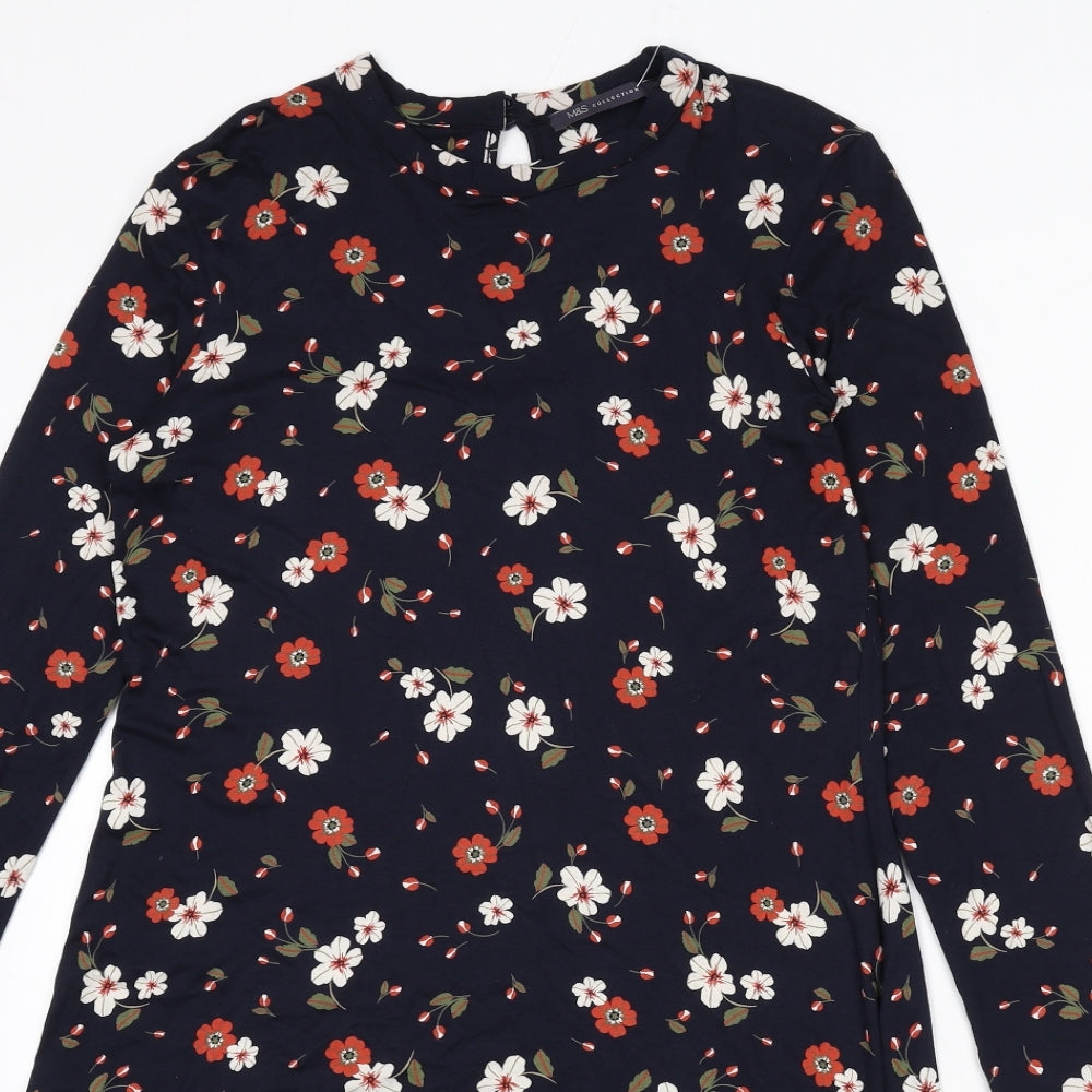 Marks and Spencer Womens Blue Floral Viscose A-Line Size 10 Round Neck Button