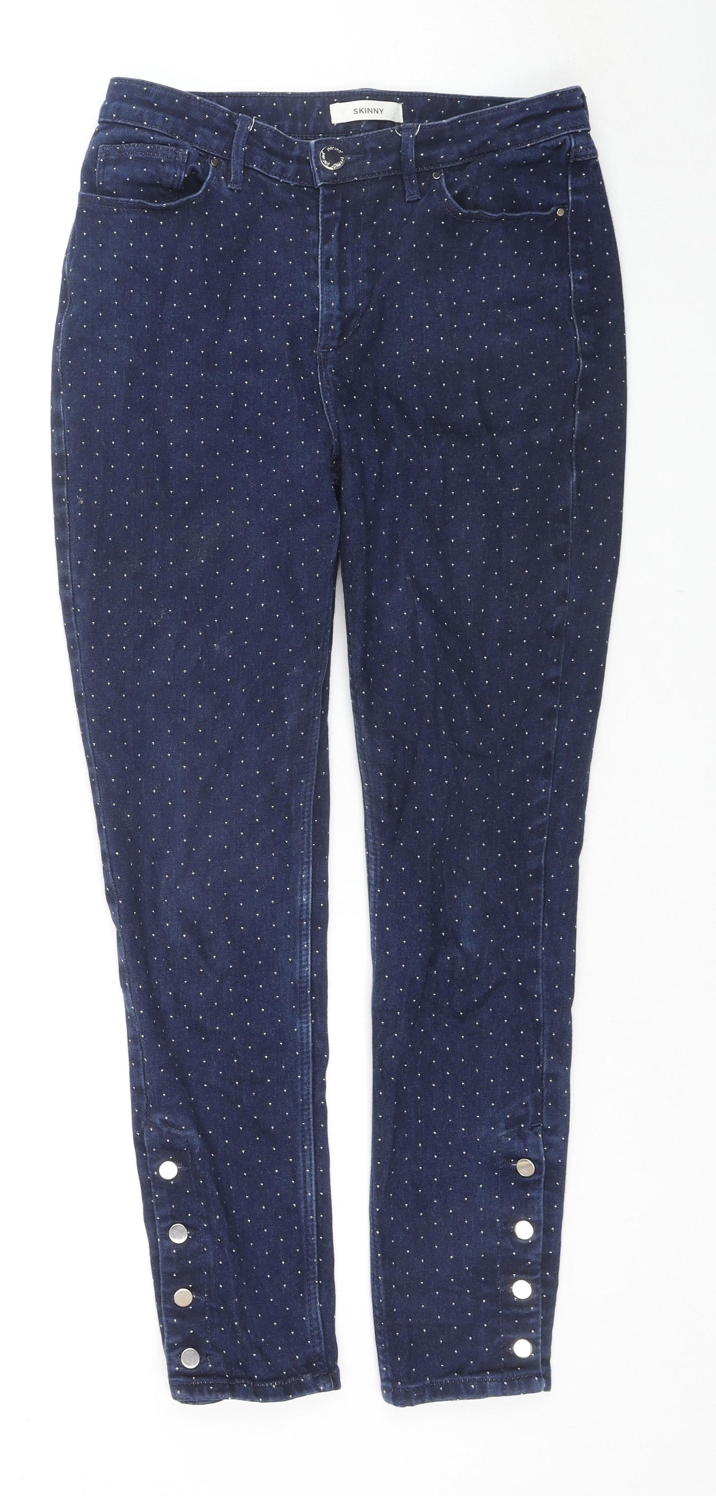 Marks and Spencer Womens Blue Geometric Cotton Skinny Jeans Size 12 L27 in Slim Zip - Button Detail