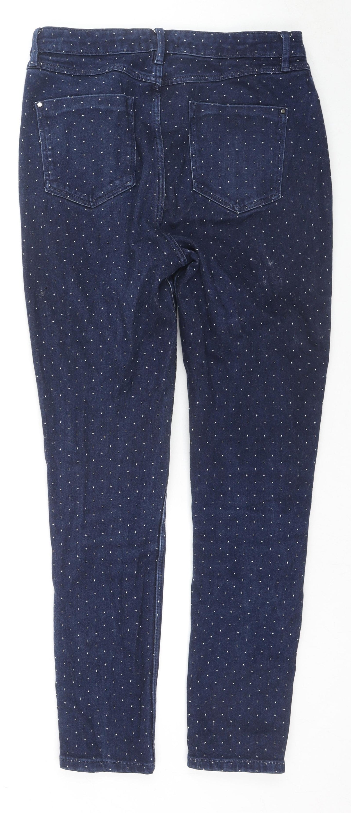 Marks and Spencer Womens Blue Geometric Cotton Skinny Jeans Size 12 L27 in Slim Zip - Button Detail