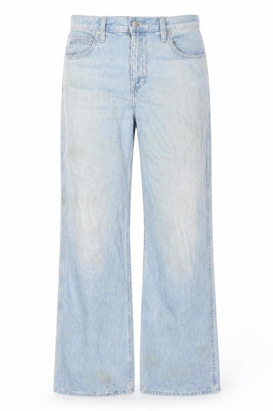 Front view of Uniqlo women’s blue cotton bootcut jeans, size UK 25, in, 31-inch leg regular zip