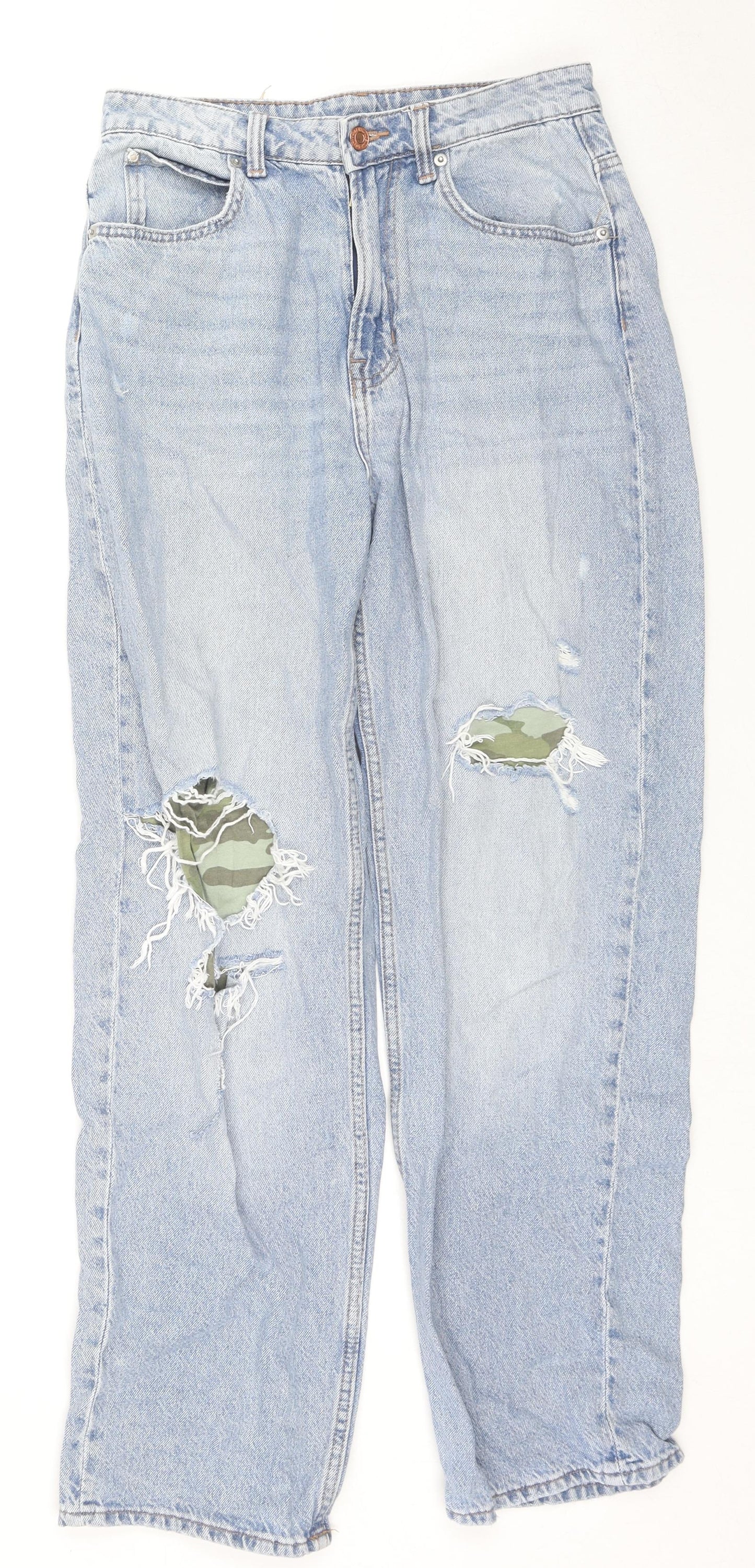H&M Womens Blue Camouflage Cotton Straight Jeans Size 8 L28 in Regular Zip