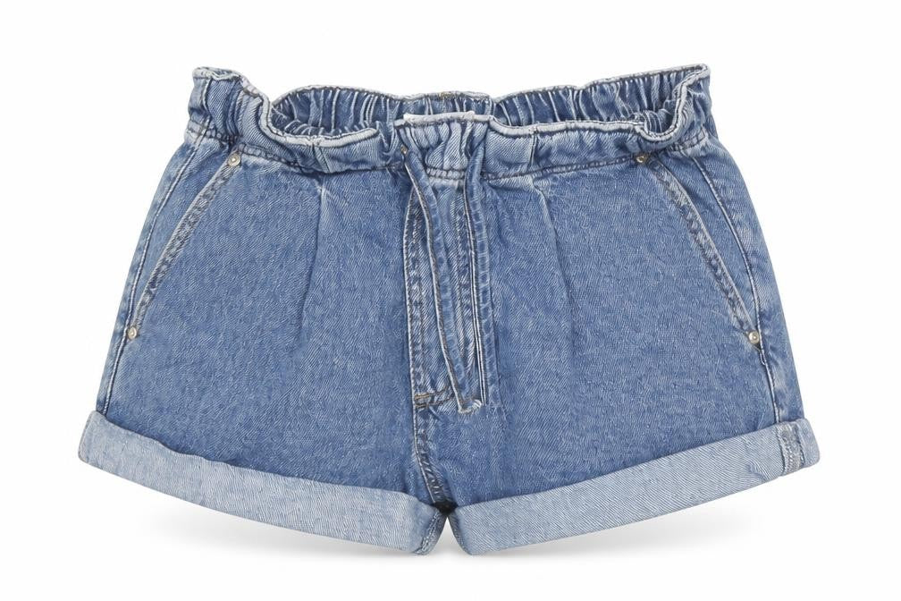 Front view of River Island women’s blue cotton hot pants shorts, size UK 6, 3-inch leg regular drawstring