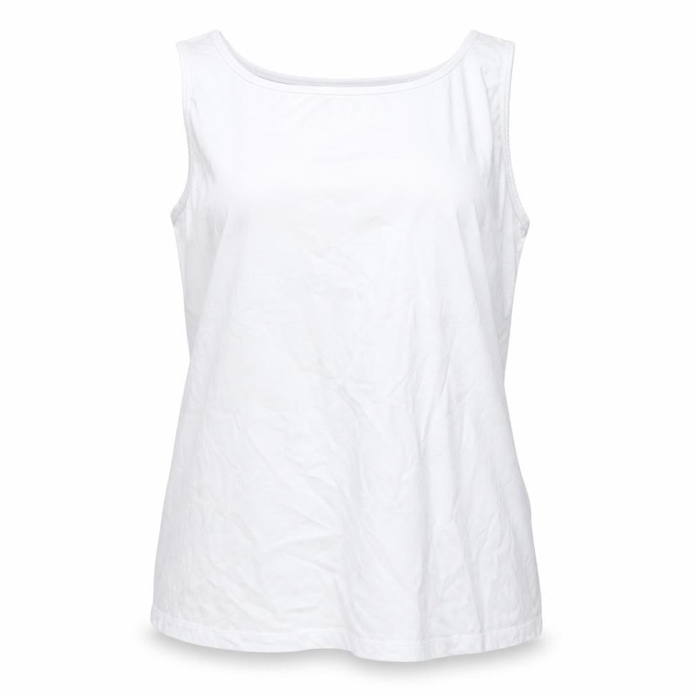 Front view of ASOS women’s white cotton basic tank, size UK 12, round neck