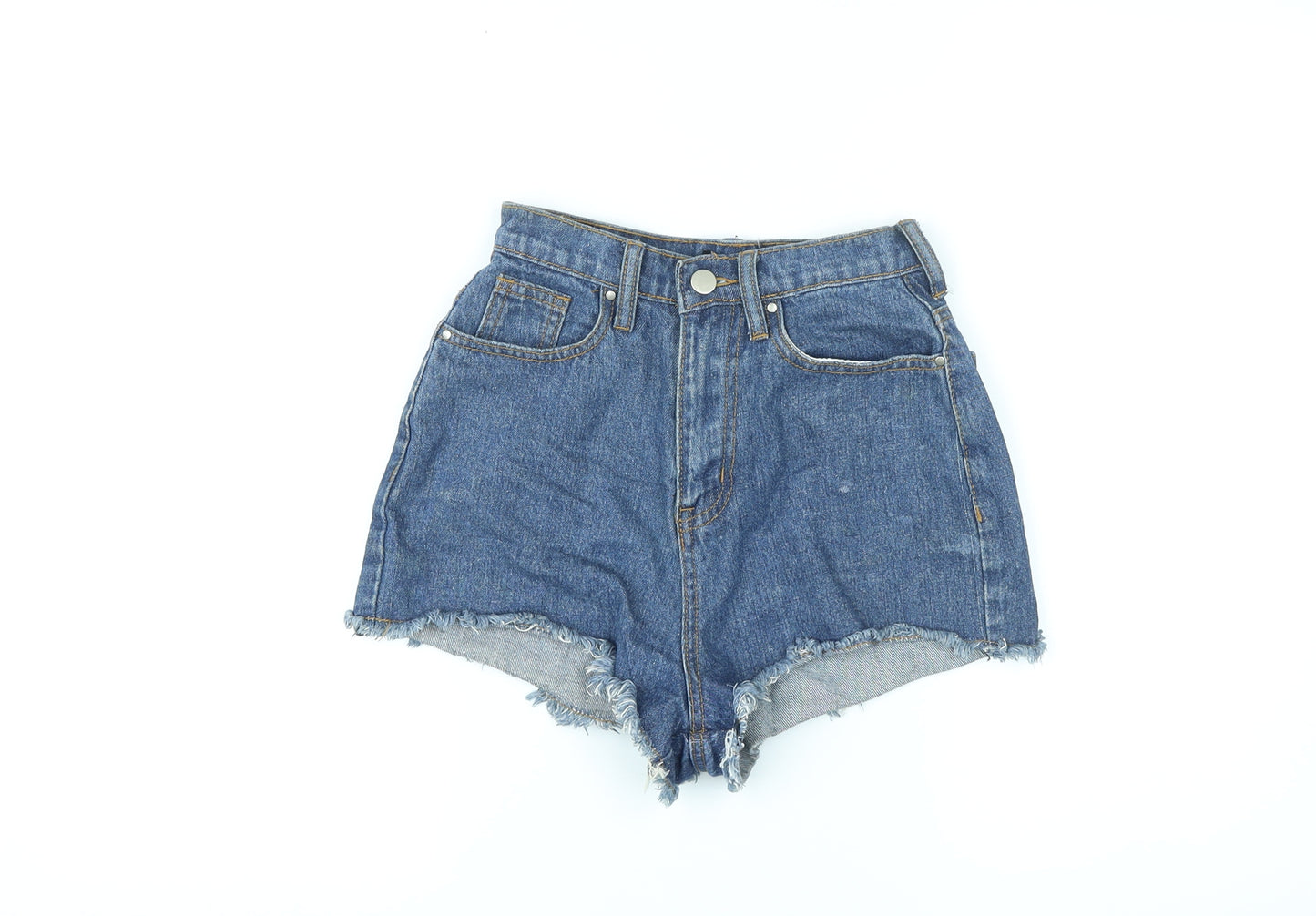 PRETTYLITTLETHING Womens Blue Cotton Hot Pants Shorts Size 4 L3 in Regular Zip