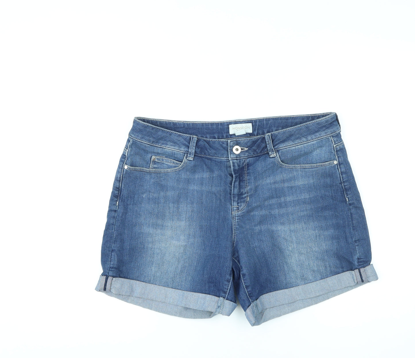 Monsoon Womens Blue Cotton Hot Pants Shorts Size 12 L5 in Regular Zip