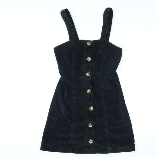 Denim & Co. Womens Black Cotton Pinafore/Dungaree Dress Size 6 Square Neck Button
