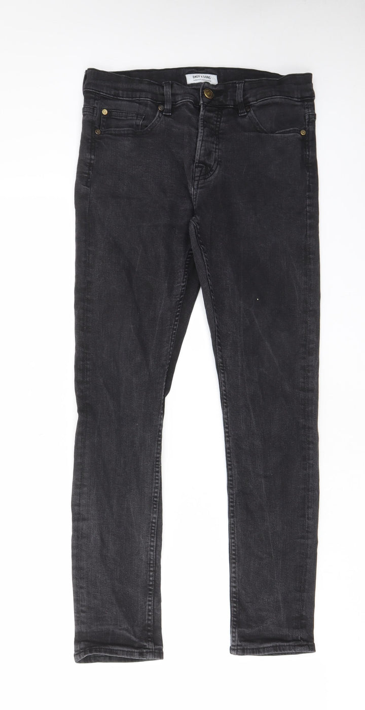ONLY & SONS Mens Black Cotton Skinny Jeans Size 30 in L30 in Regular Zip - Pockets, Belt Loops