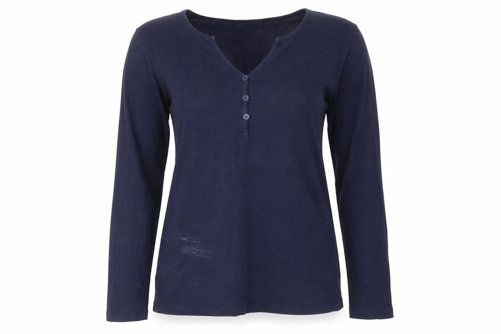 Front view of Avenue women’s blue cotton basic t-shirt, size M, v-neck - buttons