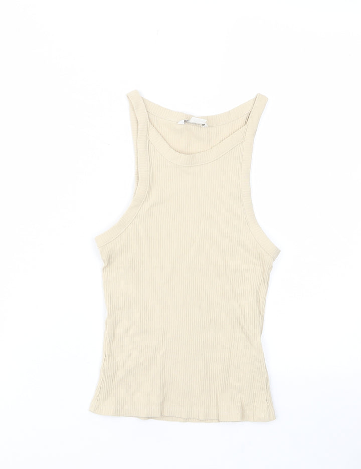 Monki Womens Beige Cotton Basic Tank Size S Crew Neck - Stretch