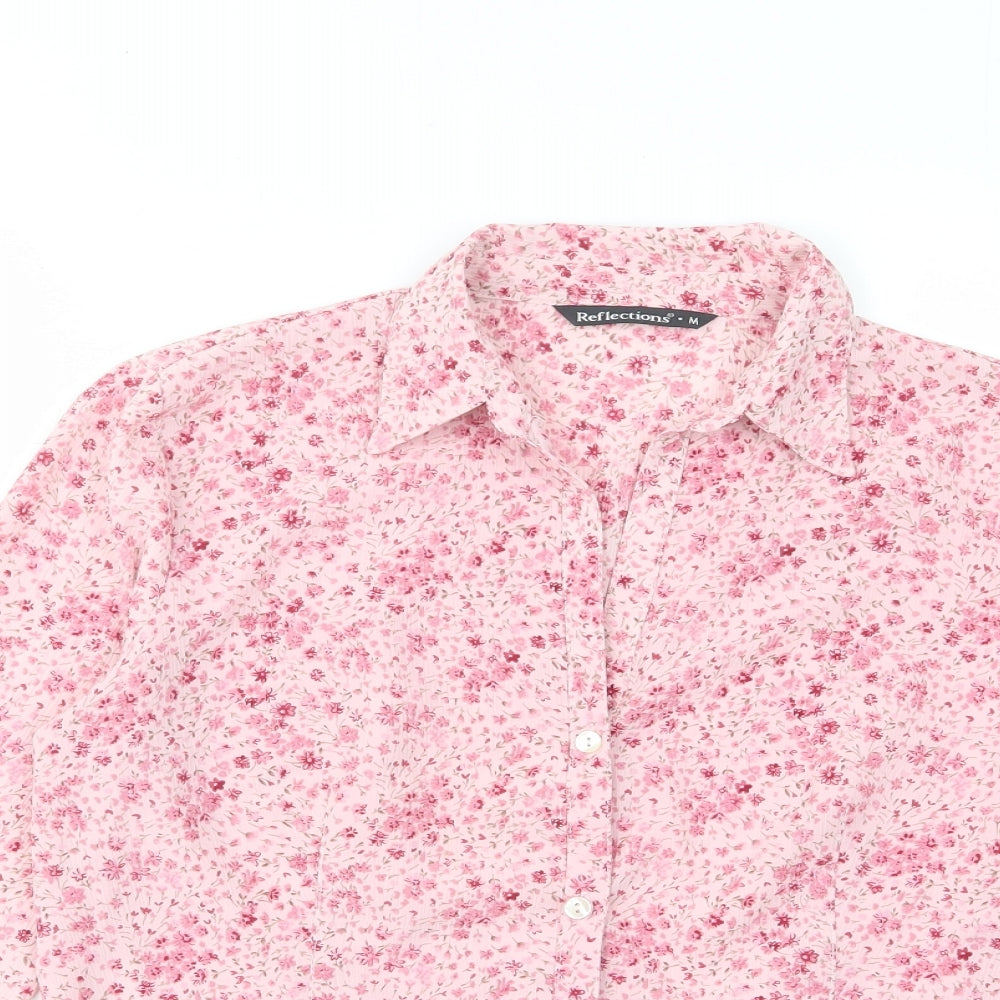 Reflections Womens Pink Floral Polyester Basic Button-Up Size M Collared