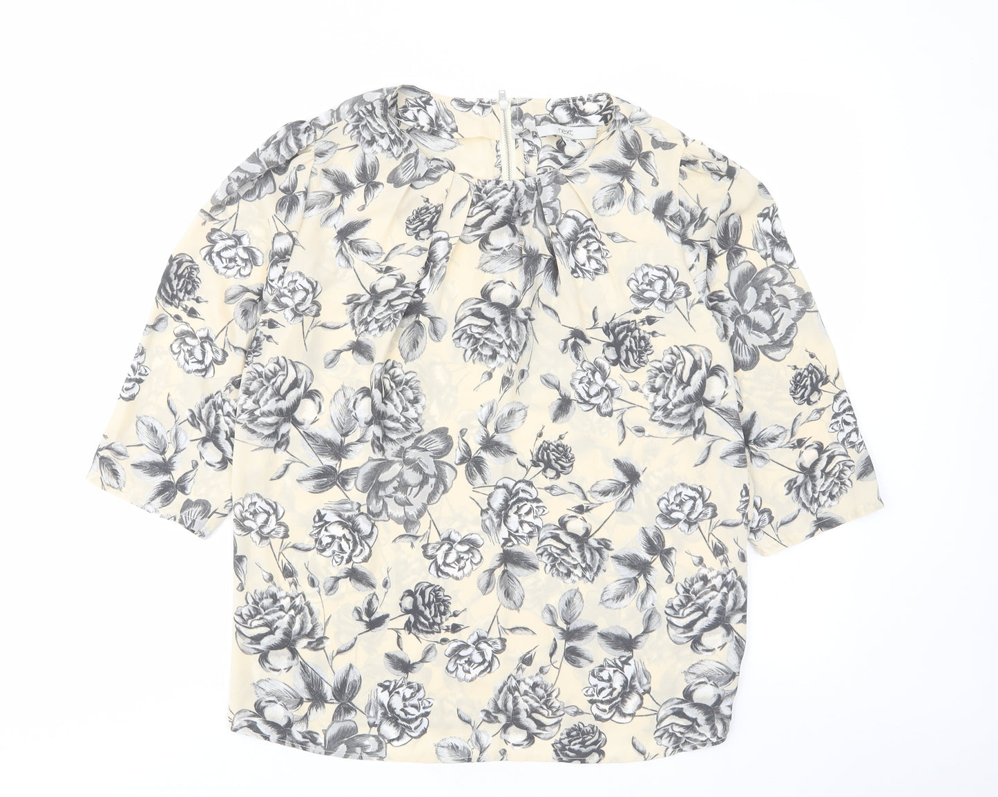 NEXT Womens Ivory Floral Polyester Basic T-Shirt Size 12 Crew Neck - Pleated