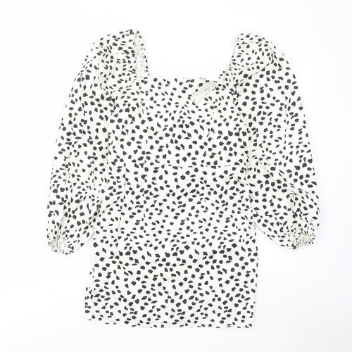 River Island Womens White Geometric Cotton A-Line Size 12 Square Neck Zip - Belted