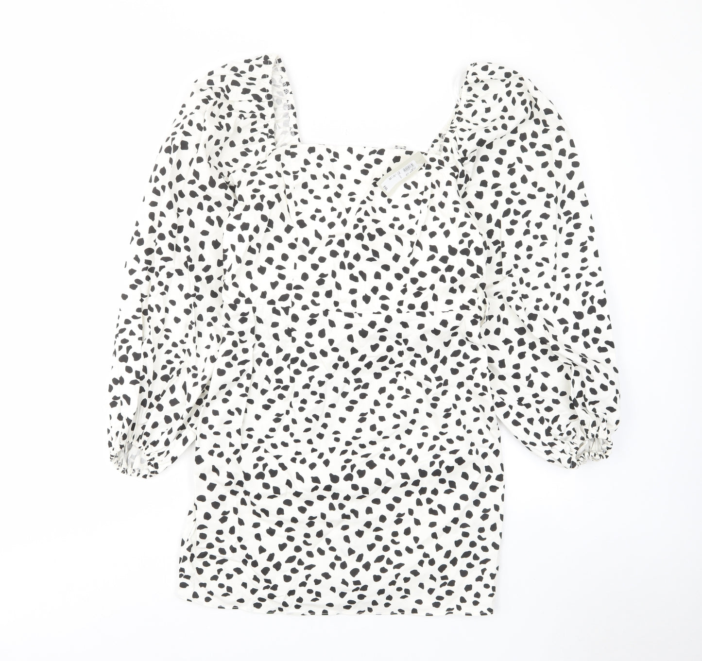 River Island Womens White Geometric Cotton A-Line Size 12 Square Neck Zip - Belted