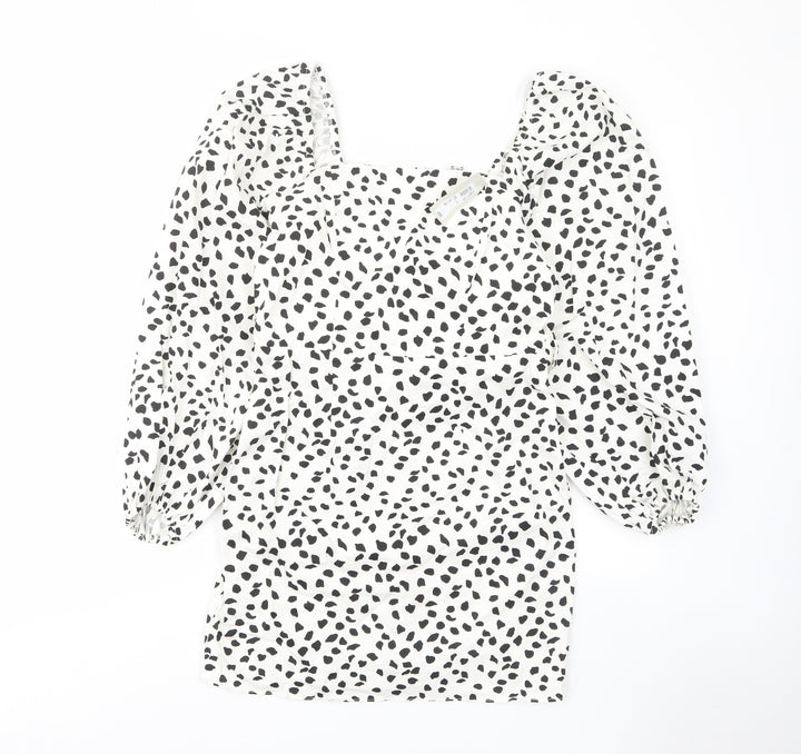 River Island Womens White Geometric Cotton A-Line Size 12 Square Neck Zip - Belted