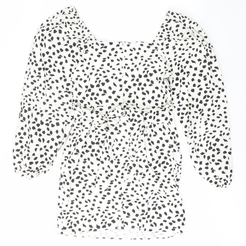 River Island Womens White Geometric Cotton A-Line Size 12 Square Neck Zip - Belted