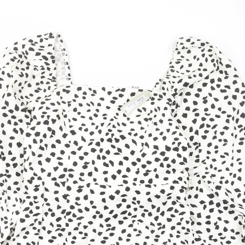 River Island Womens White Geometric Cotton A-Line Size 12 Square Neck Zip - Belted