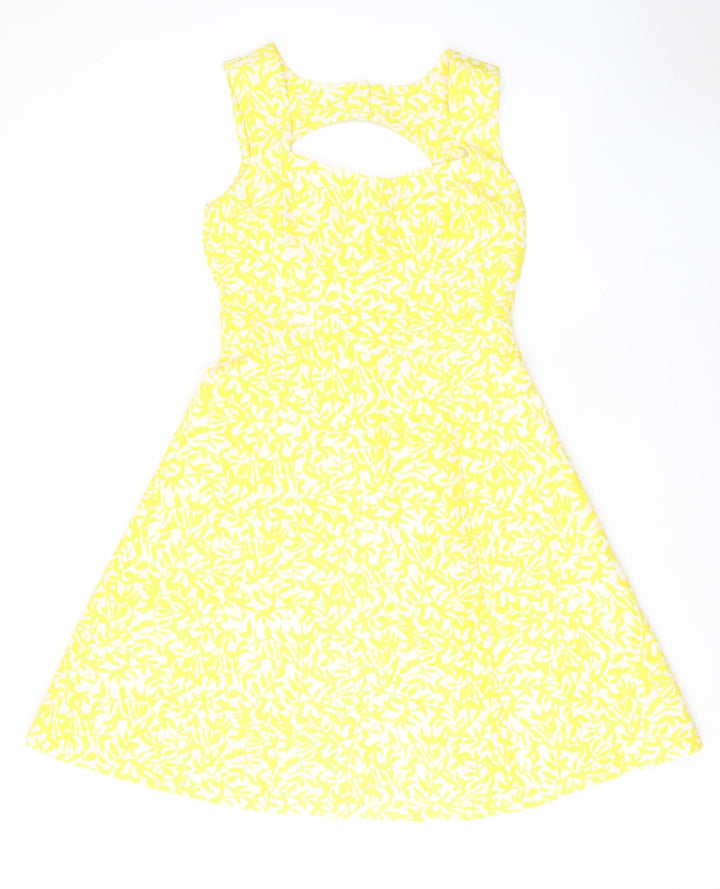 M&Co Womens Yellow Geometric Polyester Fit & Flare Size 10 Square Neck Zip