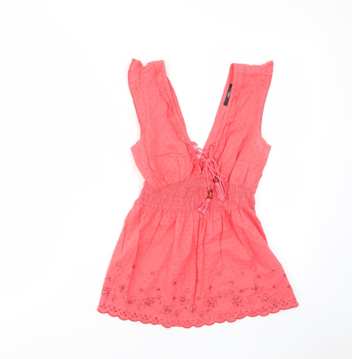 Jane Norman Womens Pink Cotton Basic Tank Size 8 V-Neck - Embroided, Beaded, Frill