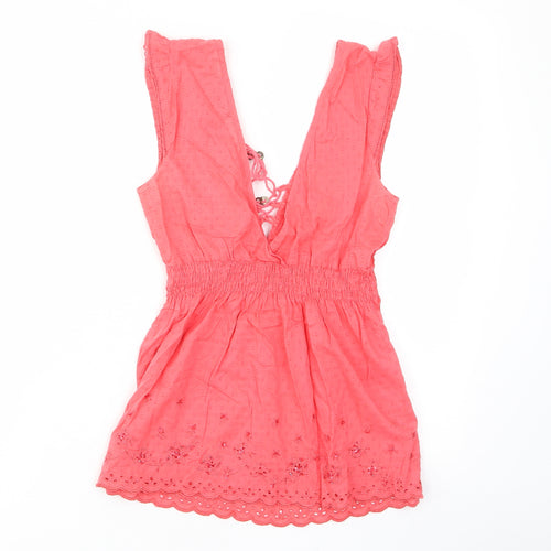 Jane Norman Womens Pink Cotton Basic Tank Size 8 V-Neck - Embroided, Beaded, Frill
