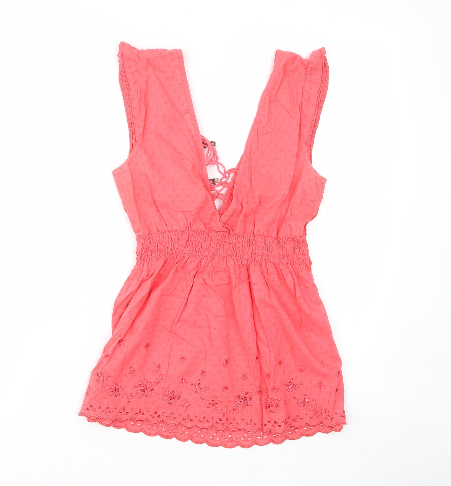 Jane Norman Womens Pink Cotton Basic Tank Size 8 V-Neck - Embroided, Beaded, Frill