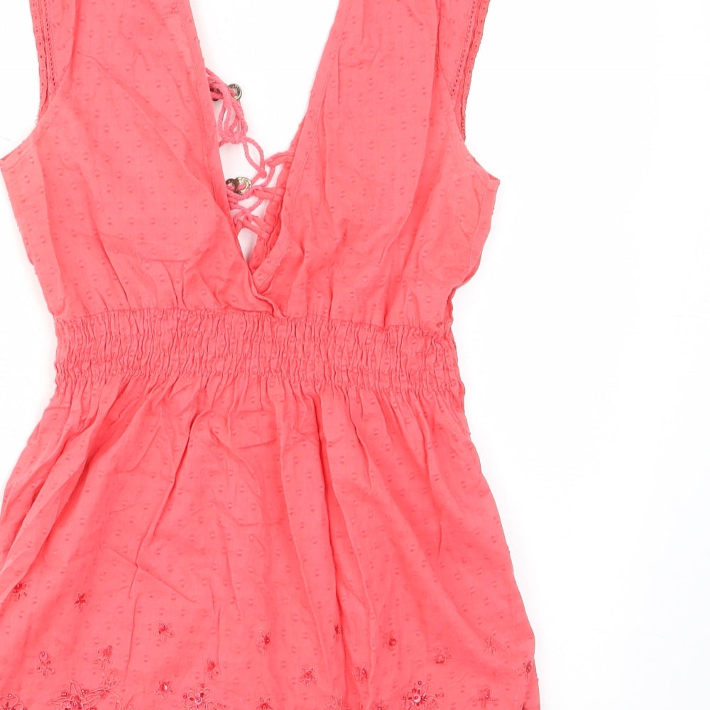 Jane Norman Womens Pink Cotton Basic Tank Size 8 V-Neck - Embroided, Beaded, Frill