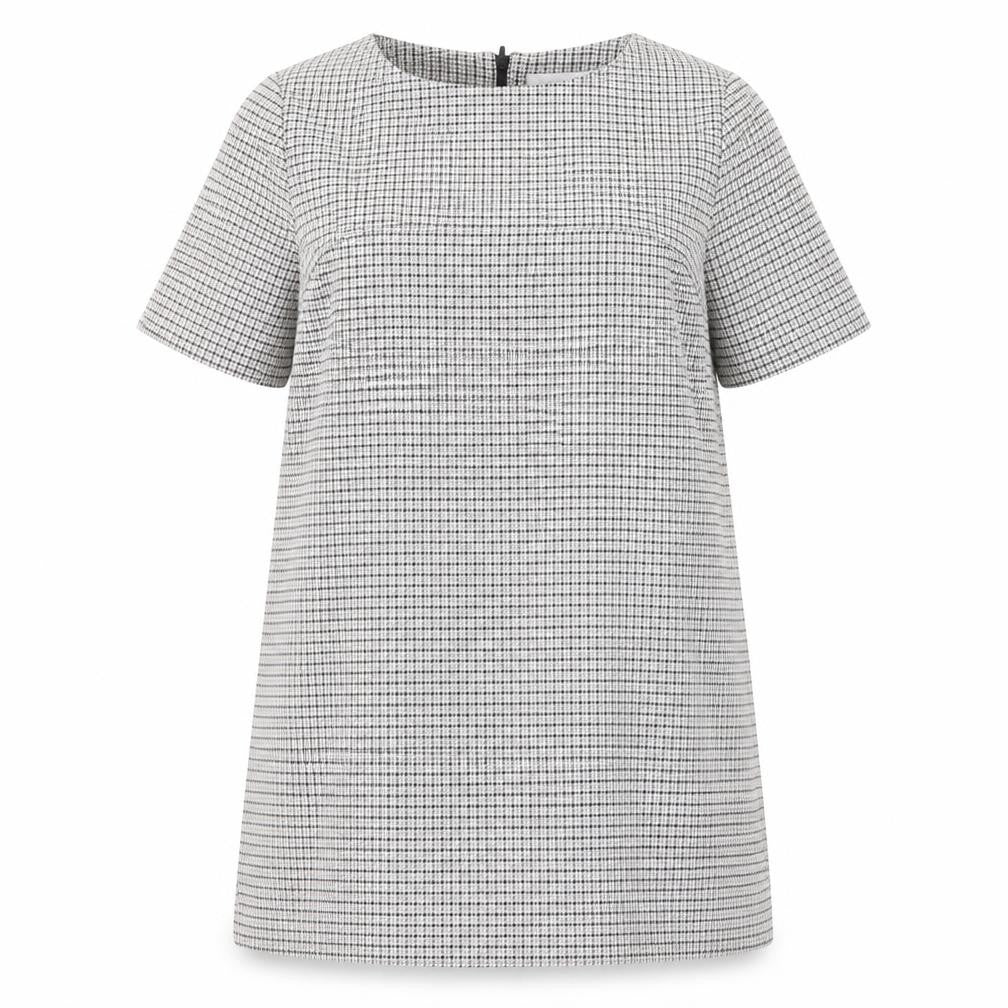 Front view of Avenue women’s grey houndstooth polyester a-line, size UK 18, boat neck zip