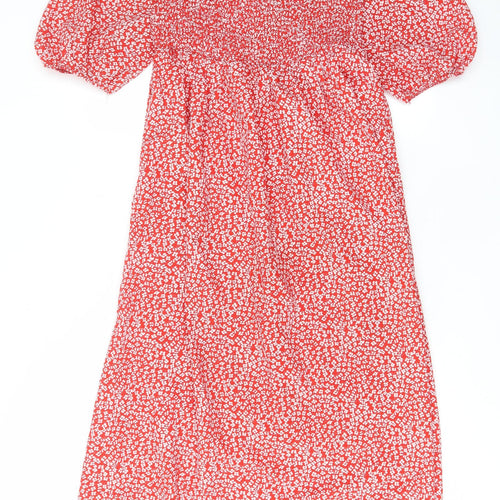 Lola May Womens Red Floral Polyester A-Line Size M Square Neck Tie - Pleated