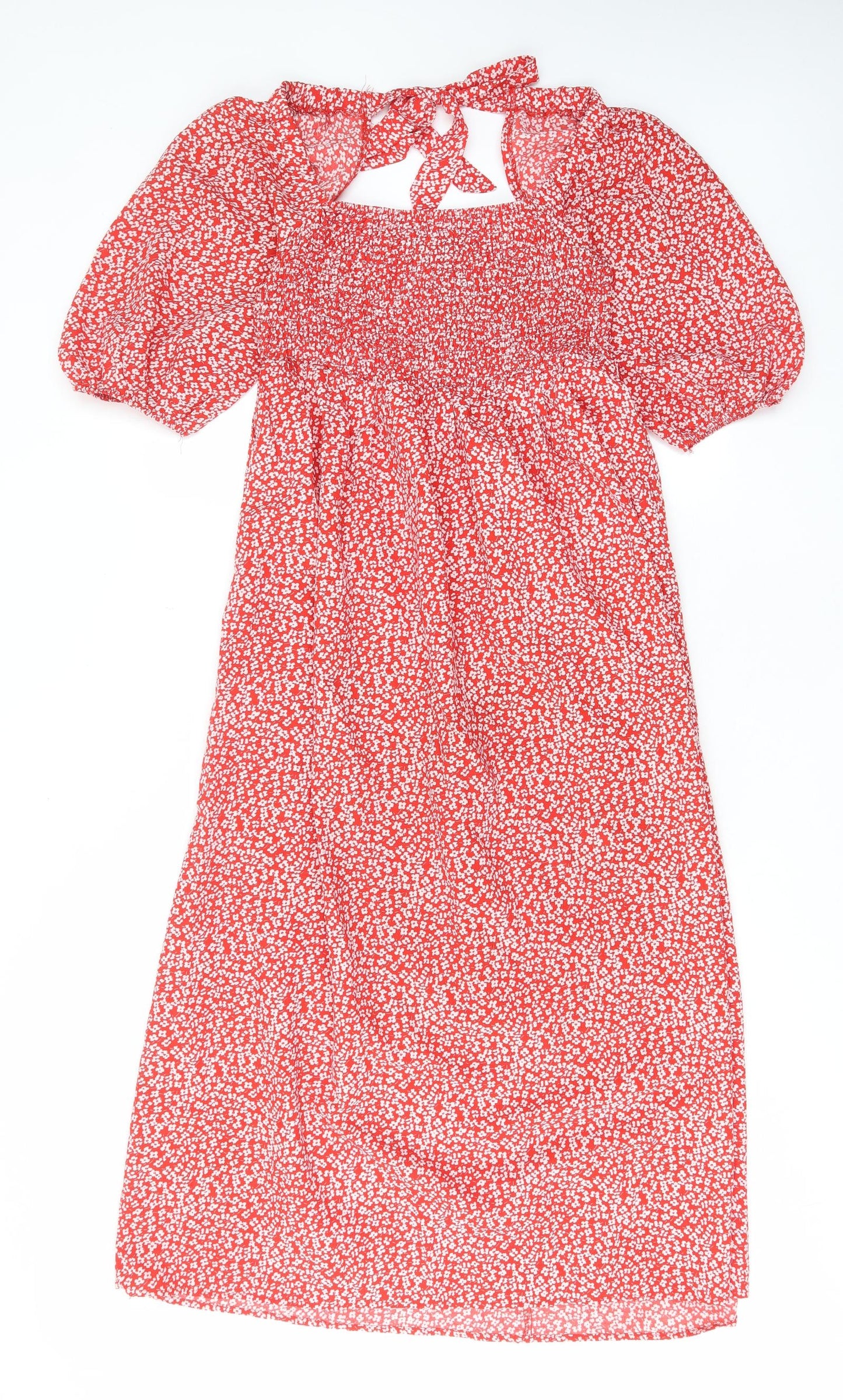Lola May Womens Red Floral Polyester A-Line Size M Square Neck Tie - Pleated