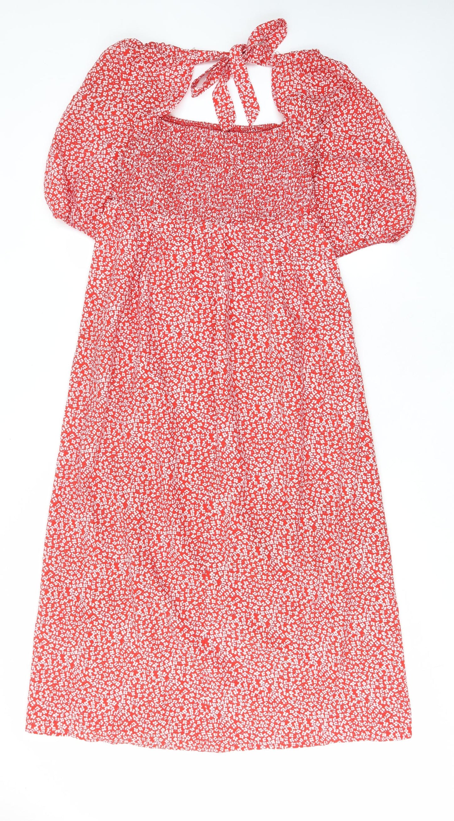 Lola May Womens Red Floral Polyester A-Line Size M Square Neck Tie - Pleated