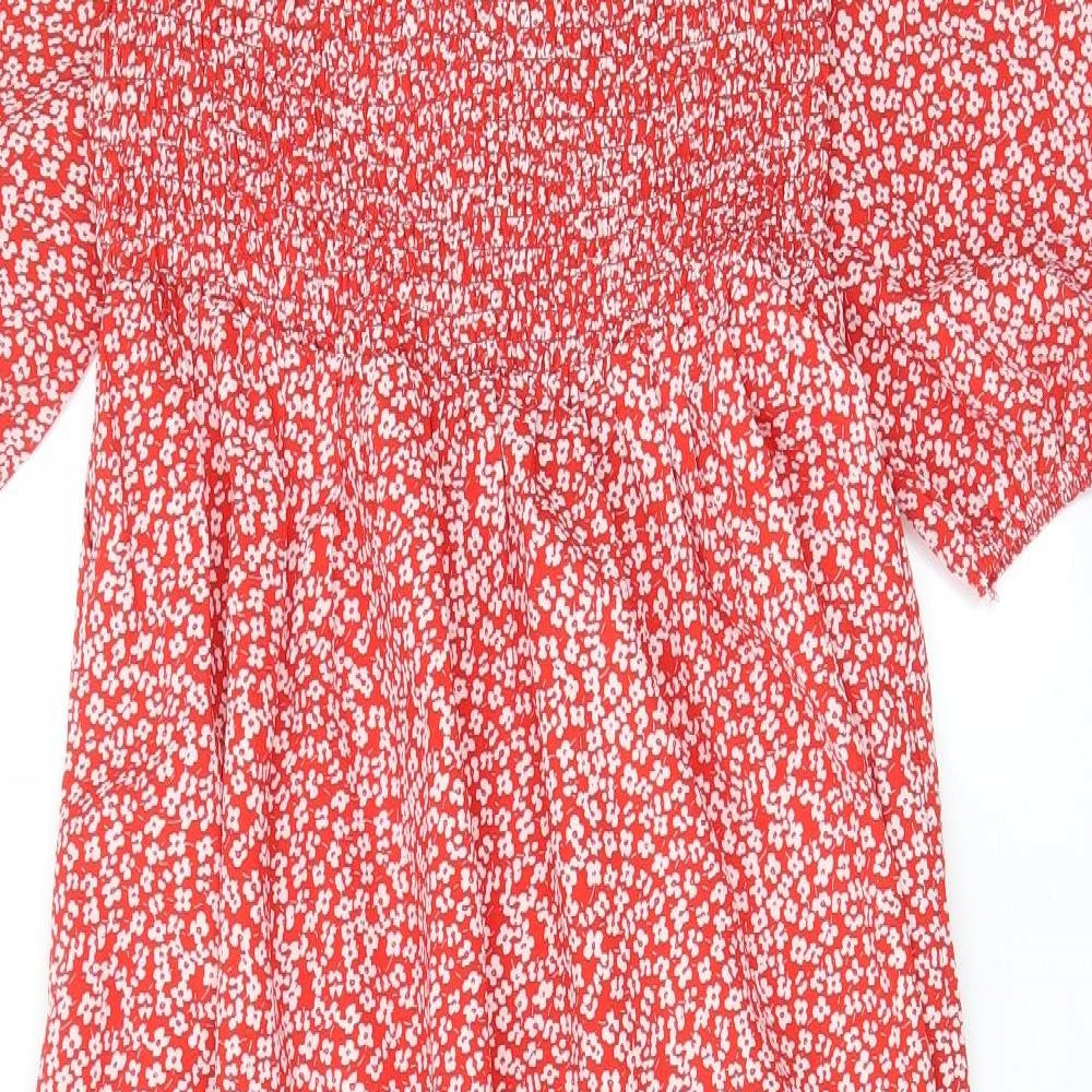 Lola May Womens Red Floral Polyester A-Line Size M Square Neck Tie - Pleated