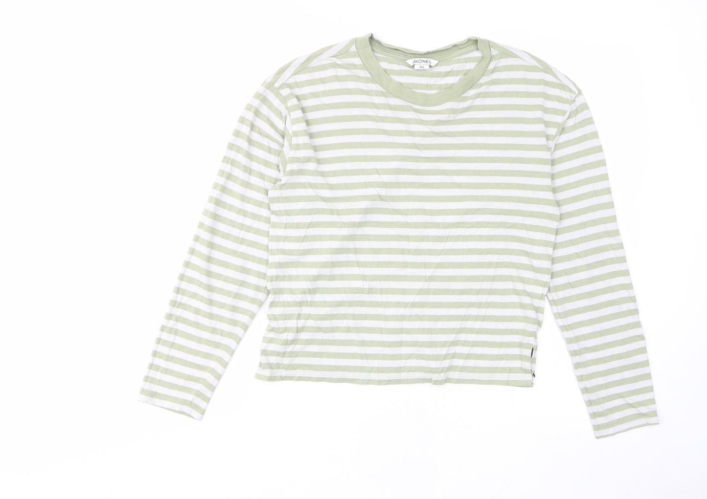 Monki Womens Green Striped Cotton Cropped T-Shirt Size 2XS Crew Neck